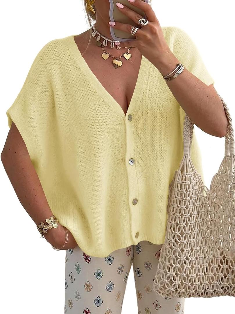 NEWHER Womens Batwing Short Sleeve Cardigans Sweaters Tops Spring Summer 2026 Oversized V Neck Button Up Knit Cardigan (Yellow, XL)