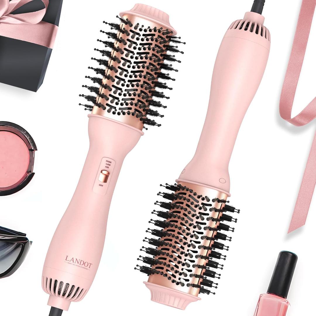 LANDOT Hair Blow Dryer Brush: One-Step Hot Air Brush with 60mm Oval Barrel - 4 in 1 HairDryer Styler and Volumizer for Drying Straightening Curling Volumizing Hair Fight Frizz and Add Volume (Pink + Rose Gold)