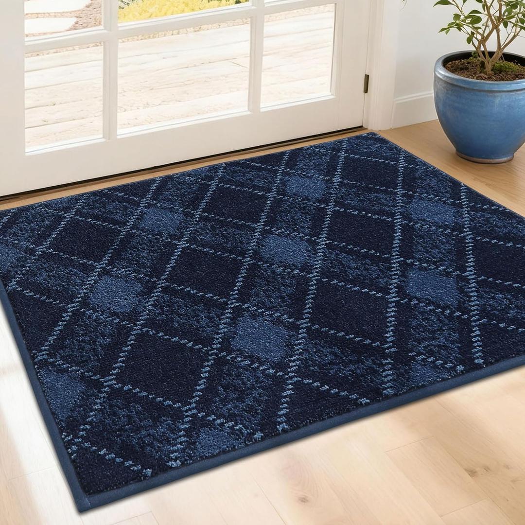 COSY HOMEER Plaid Door Mat 24" x 36",Dirt Trapper Entryway Rugs,Non-Slip Washable Farmhouse Doormat,Low Profile Welcome Mats for Paws Navy Blue