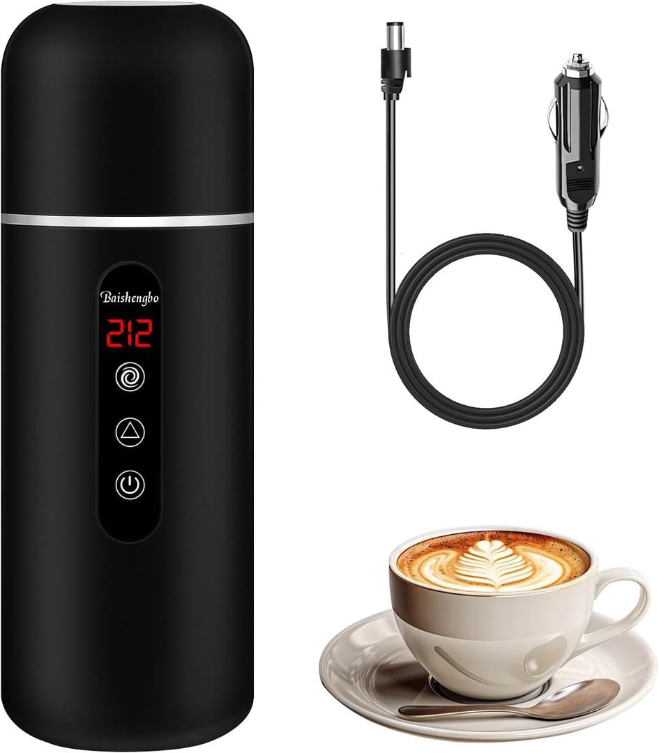 Electric Travel Kettle,12V/24V Car Coffee Warmer Kettle,Portable Hot Water Boiler,Small Hot Water Heater with Built-in Magnetic Induction Stirring, Black