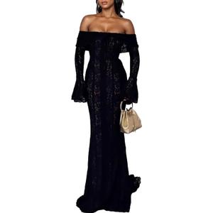 LETSVDO Women's Elegant Off Shoulder Lace Maxi Dress Bell Sleeve Bodycon Mesh Mermaid Dress(for Wedding, Evening, Party) (00black)