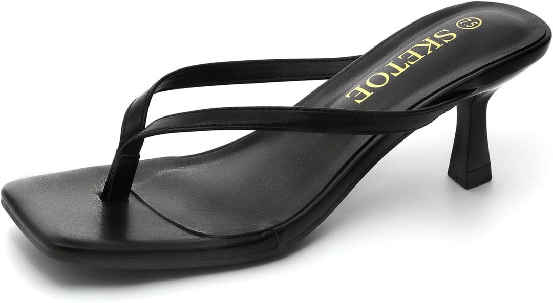 Kitten Heels for Women Square Toe Sandals Flip Flop Heels Thong Sandals Comfortable Summer 2 Inch Heels Sandals (11, Black)