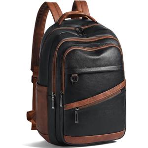43L Backpack for Women Men - Vegan Leather Backpack Purse Travel Carry-on Bag College Bookbag Work fits 17" Laptop,Black&Brown