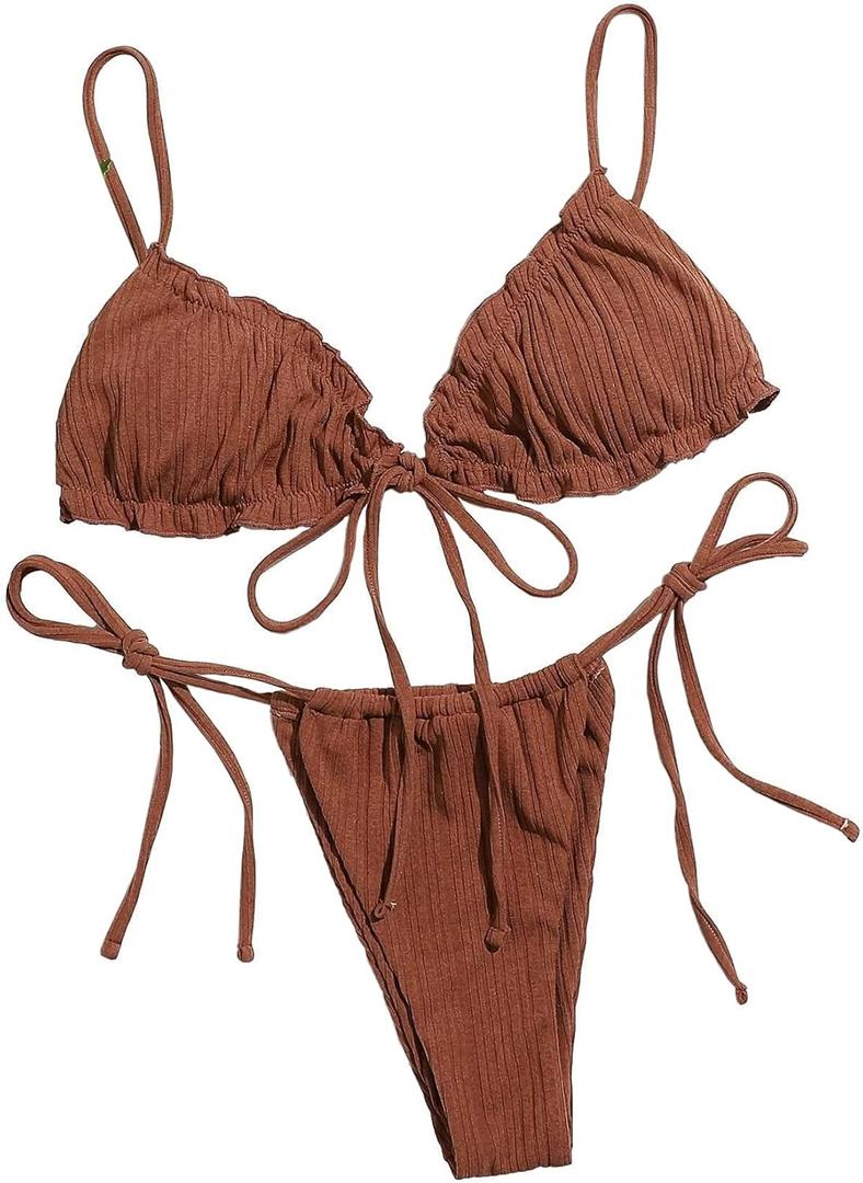 Lilosy Sexy Ribbed Padded String Thong Brazilian Bikini Swimsuit Set for Women Side Tie Knotted Bathing Suit 2 Piece (Coffee Brown) S