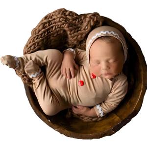 Newborn Baby Christmas Photo Props Outfit Infant Boy Girl Photoshoot Costume Red Stripe Jumpsuit With Xmas Hat (Khaki)