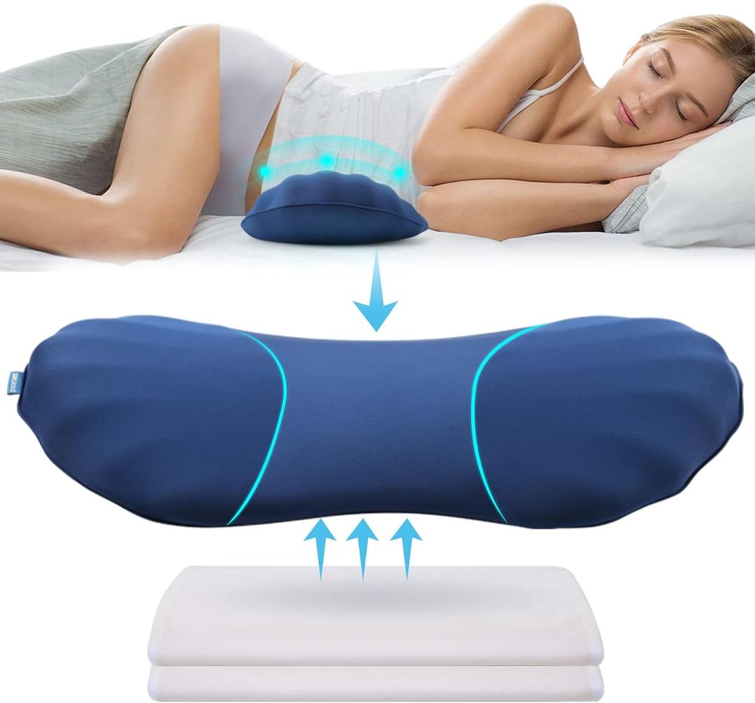 RESTCLOUD Adjustable Lumbar Support Pillow for Sleeping Memory Foam Back Support Pillow for Lower Back Pain Relief and Sleeping, Lumbar Support Pillow for Bed and Chair with 2 Insert Pads (Dark Blue)