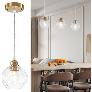 WILON Pendant Lights Kitchen Island Glass Pendant Light Fixture with Plaid Striped Globe Glass Shade Brass Gold Pendant Lighting Modern Ceiling Hanging Lights for Sink Dining Room Entryway (6.3'' Gold)