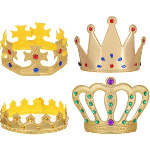 4 Pcs King Crown Princess Crowns, Prince Gold Crown Set, Hat Cap with Gems for Halloween, Crowns Party Supplies, Royal Costume Accessories