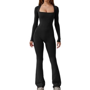 QINSEN Jumpsuits for Women Square Neck Wide Leg Full Length Romper Playsuit (Medium, Black)
