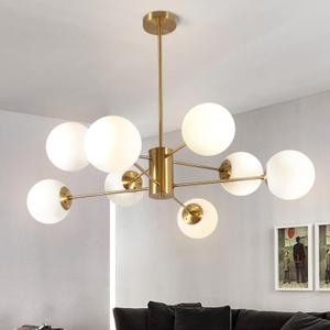 Chandelier Lighting,8-Light Mid Century Modern Chandelier Gold Chandelier for Dining Room Kitchen Living Room,Bubble Glass Pendant Light Fixtures(Gold+White) (A2)