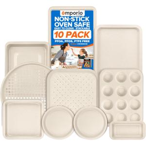 Stackable Baking Pan Set - Nonstick White Marble Coating, Carbon Steel Bakeware Sets, PFOA, PFOS, PTFE Free, Recipe Booklet Included, Oven Safe Tray (Up To 450 F), Set of 10 - White