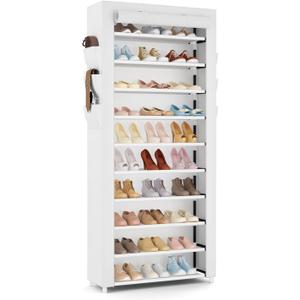 VTRIN Vertical Narrow Shoe Rack Organizer Tall Shoe Rack for Closet Entryway 10 Tier Non-Woven Cover Shoe Shelf Holds 36-41 Pairs Free Standing Shoe Storage Cabinet with Dustproof Cover, White