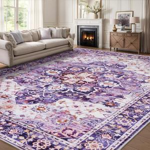 8x10 Area Rugs for Living Room, Machine Washable Vintage Rug, Non-Slip Low Pile Throw Rugs with Rubber Backing Washable Carpet for Bedroom Dining Room Kitchen Home Decor, Purple