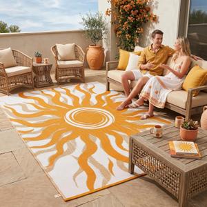 Garvee Outdoor Rug 9x12 Waterproof Patio Rugs with Boho Sun Pattern, Reversible Plastic Straw Camping Rugs Outdoor Indoor RV Mat Carpet for Deck, Backyard, Picnic, Porch, Balcony, Beach, Orange