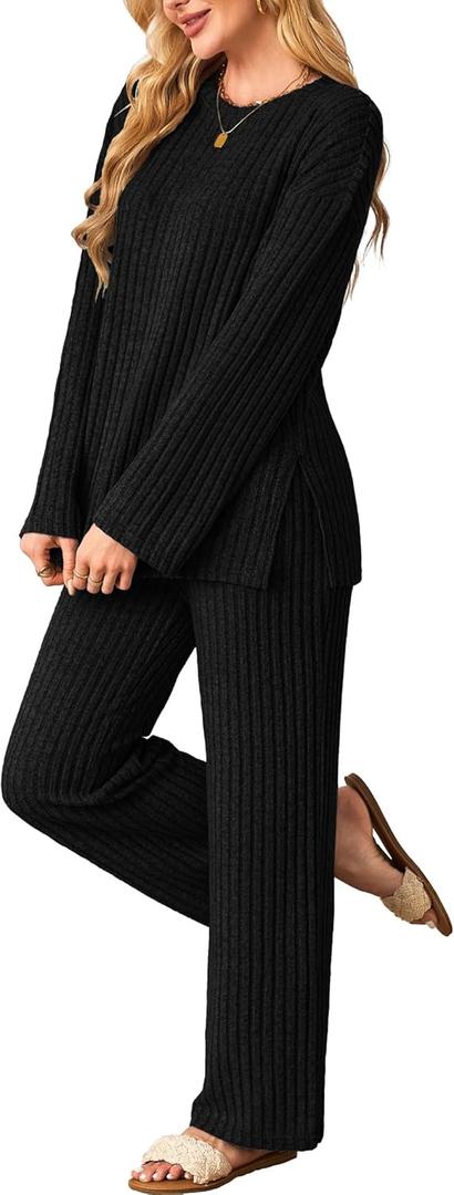 Kikibell Womens Sets 2 Piece Outfits Matching Lounge Set Cozy Knit Pajamas Oversized Loungewear Fall Winter Clothes S-2XL (Medium, Black)