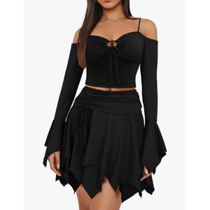 Ophestin Womens Y2K Fairy Dress Off Shoulder Handkerchief 2 Piece Skirts Set Fairycore Halloween Dress XS