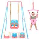 4 in 1 Toddler Swing Set & Baby Jumper, Heavy Duty Kids Swing with Bouncer, Foldable Metal Stand for Indoor & Outdoor, Easy Install & Store (Blue Pink)