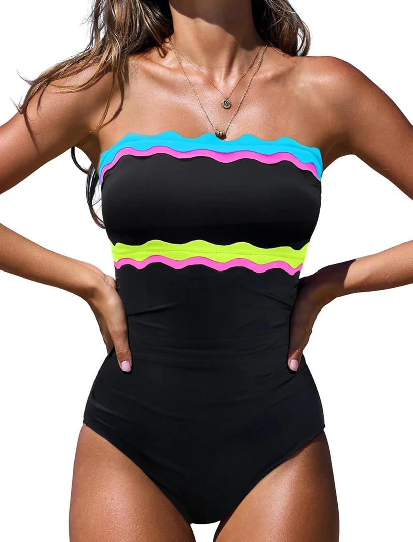 popvil One Piece Swimsuits for Women Tummy Control Strapless Bathing Suits 2026 Neon Bandeau Swimwear (Large, Black Lagoon)
