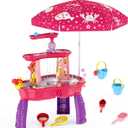 HYES Water Table for Toddlers 3-5, 3-Tier Kids Splash Sand Table Water Toys with Umbrella, Rain Showers Splash Pond for Outdoor Beach Backyard Summer, Activity Sensory Playset for Boys Girls, Red