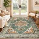 Area Rug 9x12 Vintage Rug: Large Washable Indoor Medallion Rugs Low Pile Distressed Floor Carpet Retro Accent Rug for Living Room Bedroom Kitchen Dining Table Home Office(Brown Green, 9'x12')