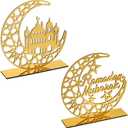 2 Pieces Acrylic Ramadan Decorations Islamic Eid Mubarak Kareem Table Sign Moon Hollow Star Ornament for Muslim Party Tabletop Decor Home Art Craft Decoration Golden Moon