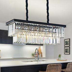 ZSMINGHUI Black Rectangular Crystal Chandelier with K9 Luxury Crystal 6 Light Modern Crystal Chandelier Pendant Light Fixture for Living Room Kitchen Island Dining Room L31'' x W10'' x H10''