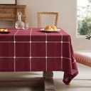 ZeeMart Grid Embroidered Hemmed Tablecloths, Burgundy 52x70 Inch, Farmhouse Style Heavy Weight Cotton Linen Red Tablecloths, Boho Plaid Water Resistant Rectangle Table Cloth