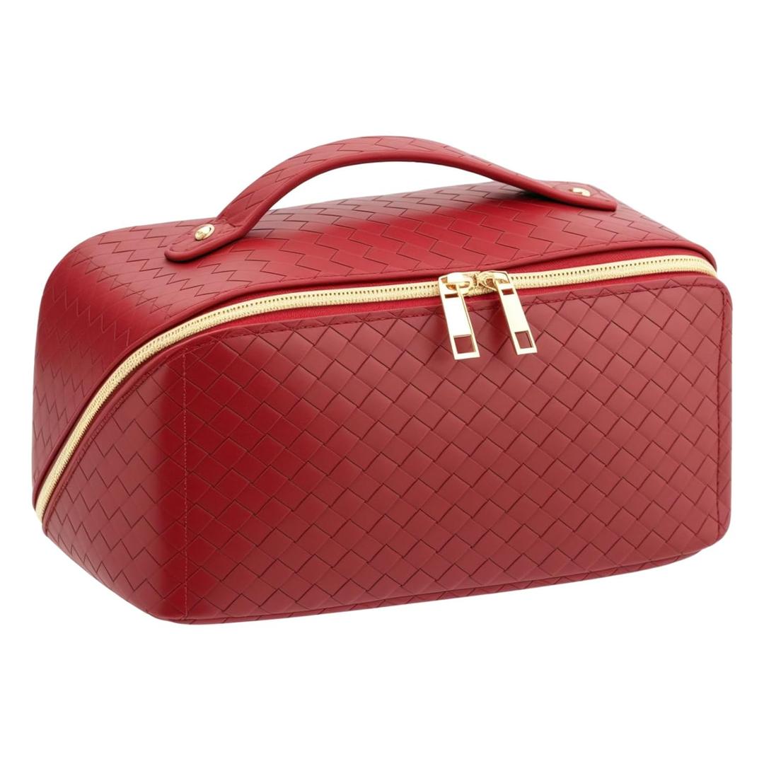 VERNASSA Large Capacity Travel Makeup Bag for Women, Waterproof Portable Cosmetic Bag with Compartments, Foldable Flat Lay Design for Easy Access, Perfect for Toiletries & Beauty Essentials (Red)