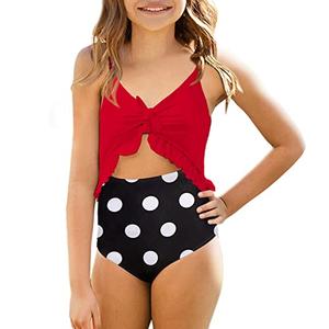 Saodimallsu Girls Ruffle One Piece Cutout Swimsuits Kids Floral High Waisted Tie Front Bathing Suits Red.XS