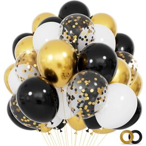 68Pcs Black White Gold Balloons with 12 Inch Black Gold Confetti Balloons for Graduation Birthday Wedding Party Decorations (Heibaijin)