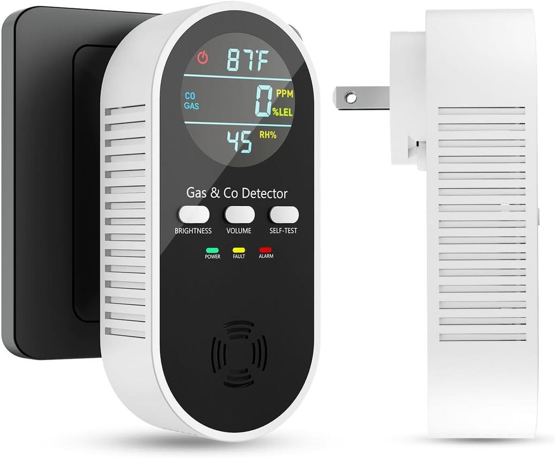 5-in-1 Carbon Monoxide Detectors, Natural Gas Leak Detector, Plug-in & Battery Backup Co Detector, HD Digital Display, CO Gas Temp Humidity Sensor, 1-Pcs, Black