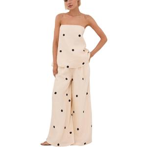 Women 2 Piece Outfits Polka Dot Summer Pants Set Strapless Tube Top High Elastic Waist Wide Leg Pants Lounge Sets (Beige, S)