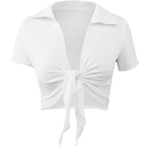 LovelyWholesale Sexy Tie Front Tops for Women Summer Collar Neck Crop Top (White, M)