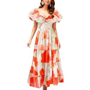 GOLDSTITCH Women's 2025 Boho Floral Maxi Dress Puffy Short Sleeve Cutout V Neck Casual Long Beach Dress M GOLDSTITCH Women's 2025 Boho Floral Maxi Dress Puffy Short Sleeve Cutout V Neck Casual Long Beach Dress M
