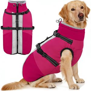 AOFITEE Dog Coat, Windproof Turtleneck Dog Jacket with Built in Harness, Reflective Dogs Jackets with Fleece Lining, Waterproof Pet Winter Coat for Cold Weather for Border Collie, Beagle, Hot Pink XL (RoseRed)