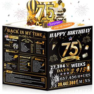 75th Birthday Cards for Women Men, 3D Pop Up 75th Birthday Gift Ideas for Grandma Mom Dad, Funny 75 Year Old Birthday Decorations for Husband Wife Parents Him Her, Jumbo Back In 1951