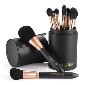 OMANIAC Makeup Brush Set Professional, 12 Pearlescent Wood Handle Makeup Brushes, Premium Cruelty-Free Synthetic Fiber Hair, Travel Make up Brushes Set with Case (Black). (13 Piece Set)