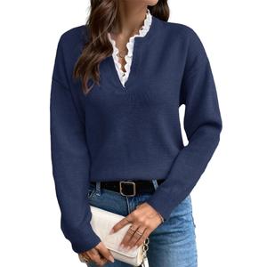 V Neck Sweaters for Women, Long Sleeve Lace Trim Knit Sweater Fall Casual Lightweight Pullover Top Navyblue