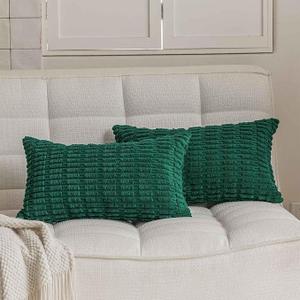 JUSPURBET Dark Green Lumbar Soft Corduroy Throw Pillow Covers 12x20 inch Set of 2 with Invisible Zipper for Sofa Couch Bed Christmas Decorative Boho Solid Rectangle Striped Cushion Covers