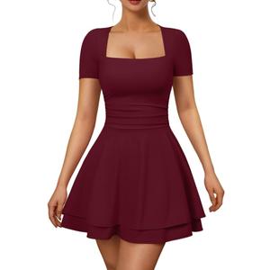 XXTAXN Women's Sexy Square Neck Short Sleeve Ruched Tiered Ruffle Hem Flowy Club Party Mini Dress (Medium, Red)