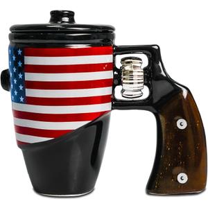 Revolver Mug with Lid, Novelty Ceramic Coffee & Tea Cup with Spin Wheel Handle, 3D Pistol Gag Gift Mugs, Ideal Military Gifts for Men, Coworker 16 oz (Black & Flag)