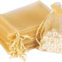 HRX Package 100pcs Gold Organza Gift Bags, 4 x 6 inch Candy Mesh Drawstring Favor Bags Jewelry Pouches for Christmas Wedding Party