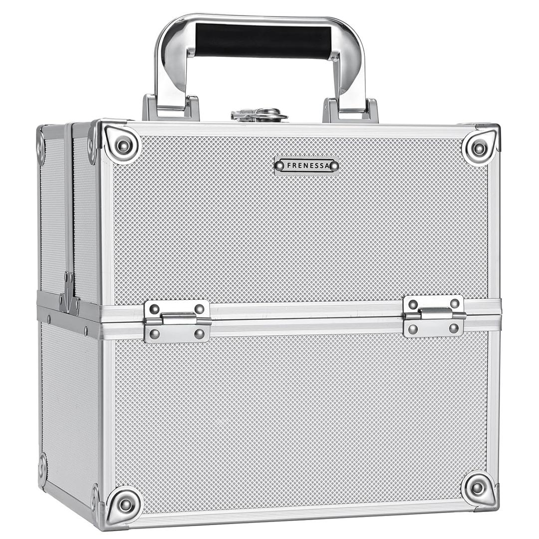 FRENESSA Makeup Train Case Makeup Organizer Box Portable Cosmetic Travel Case with Lock 4 Trays Aluminum Hard Vanity Box Make Up Artist Nail Beauty Storage Organizer Cosmetic Suitcase Bright Silver (Medium Silver)