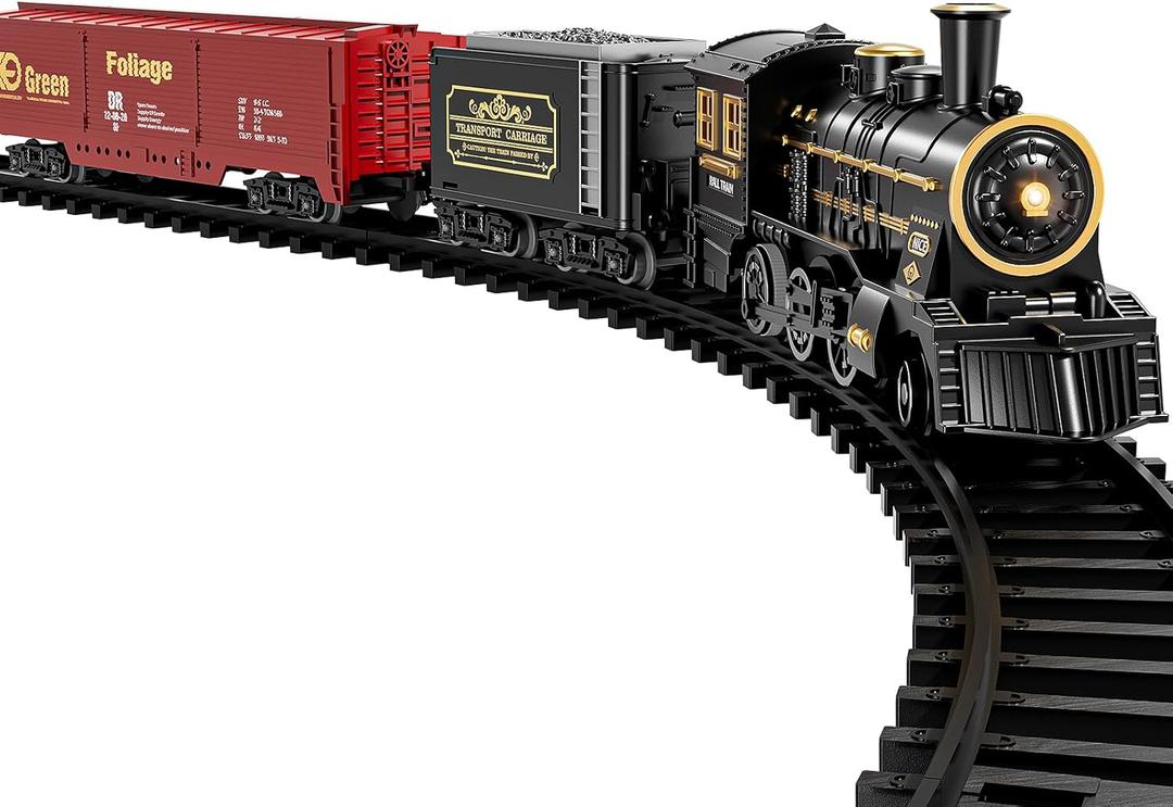 TEMI Steam Train Toy Set for Boys 3 4 5 6 7 Years, with Sounds & Light, Electric Classical Engine Locomotive for Kids, Rechargeable Model Train Kit for Christmas Tree, Cargo Car Railway Tracks (Black-medium Size)