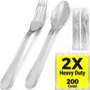 [200 Count] 2X Heavy Duty Clear Plastic Forks and Spoons Set Individually Wrapped, 100 Count Forks and 100 Count Spoons Disposable Silverware Set, Perfect for Event Catering, Party, and Take out.