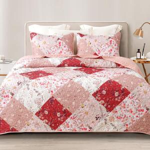 Whale Flotilla Patchwork Quilt Twin Size, Extra Soft Boho Floral Bedspreads for Bed Reversible Lightweight Twin Quilt Bedding Set Printed Coverlets with 1 Pillow Sham for All Seasons, Red (Twin(68"x88"))