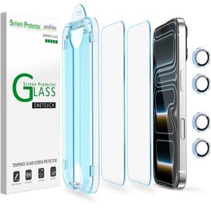 amFilm OneTouch Screen Protector for iPhone 17 Pro 6.3'' + Camera Lens Protector | Auto-Alignment Install | Bubble Free | 9H Tempered Glass | Shatterproof | FHD Clarity | Case Friendly | 2+4 Pack