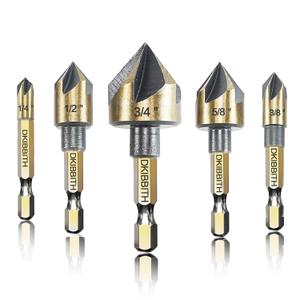 Countersink Drill Bit Set, 5pc, 1/4" Hex Shank, 82 Degree Countersink Holes for Screws to Sit Flush or Under The Surface of Metal Wood Plastic, Sizes 1/4, 3/8, 1/2, 5/8, 3/4 Inches with Storage Case