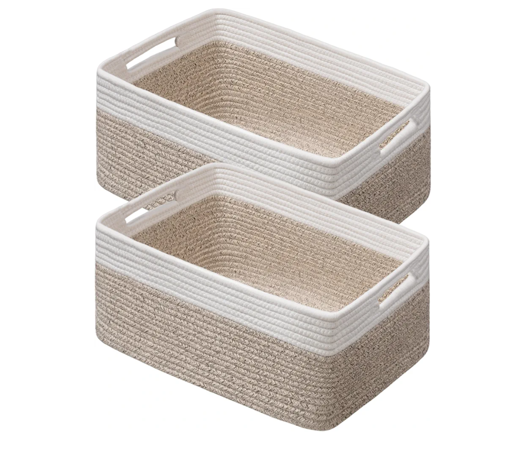 UBBCARE 2 Pack Storage Baskets for Shelves, Large Woven Storage Baskets, Dog Toy Bins, Baskets for Organizing Clothes, Towels, Books, Blanket, 17"L x 13"W x 7.5"H, White&Brown