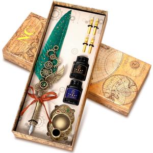 NC Quill Pen Ink Set, Including 2 Bottles of Ink and 4 Replaceable Nibs, 1 Mechanical Quill Pen, 1 Pen Holder, Calligraphy Pen for Writing, Writing Letters, Signing Invitations, Etc(Green)